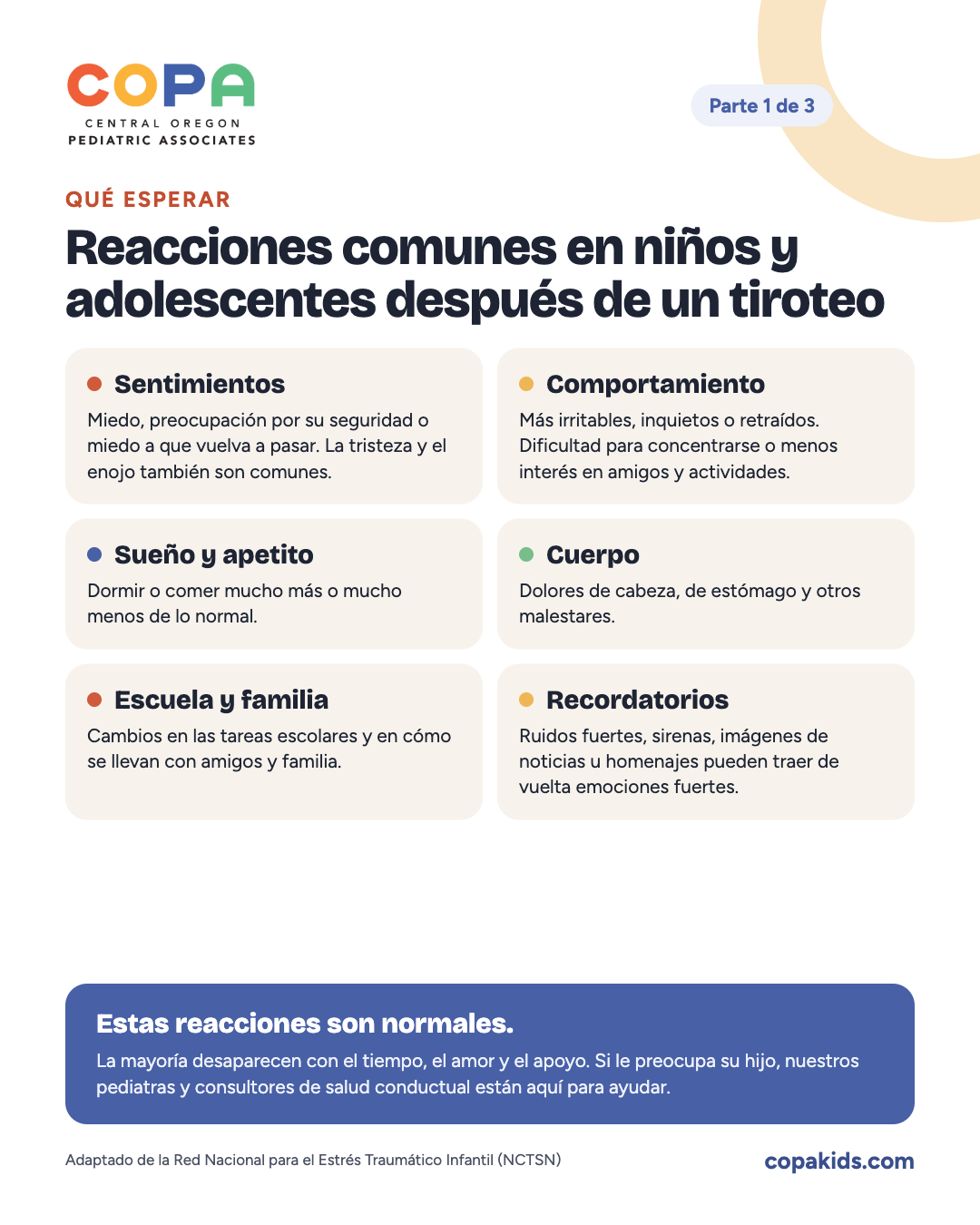 Parte 1 de 3: Reacciones comunes en niños y adolescentes después de un tiroteo.