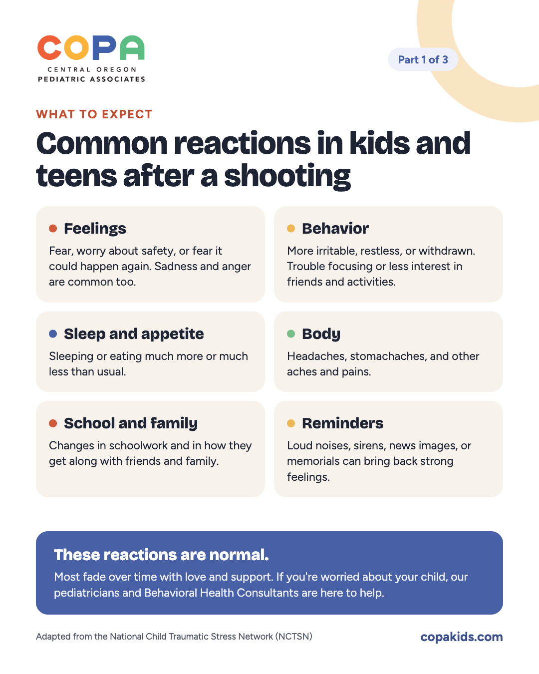 Part 1 of 3: Common reactions in kids and teens after a shooting.