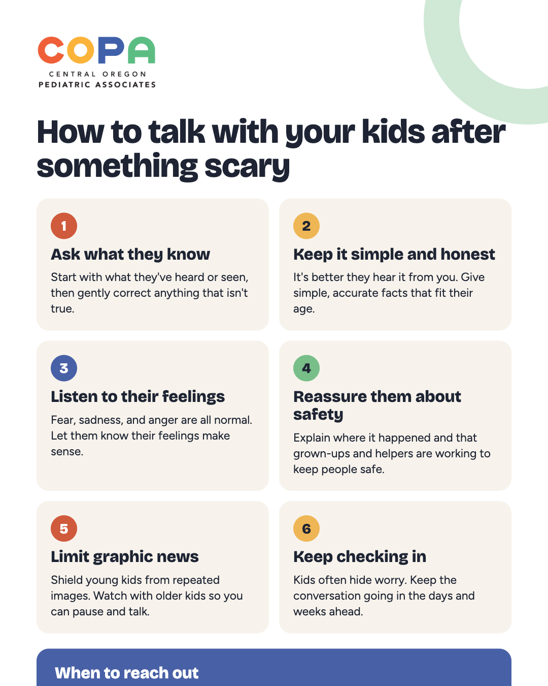 How to talk with your kids after something scary: 6 tips from the American Academy of Pediatrics.