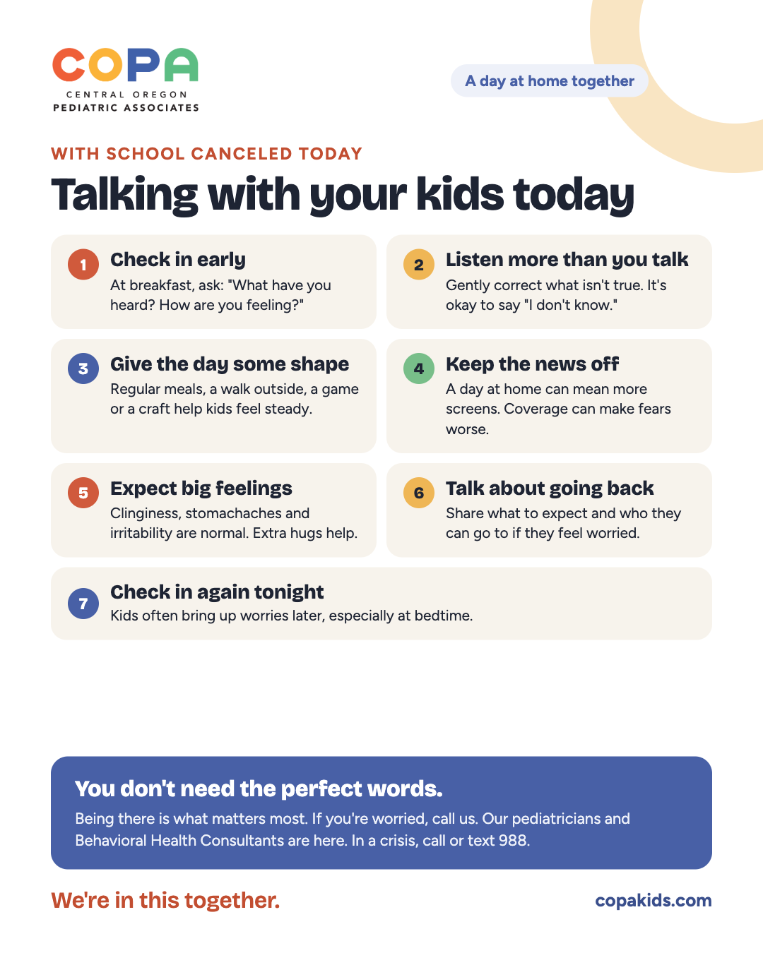 Talking with your kids right after a traumatic event: 7 tips for a day at home with school canceled.